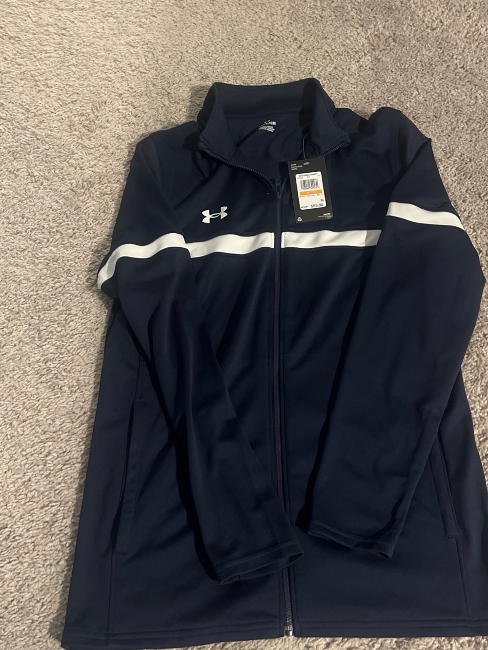 New with tags Under Armour Navy Blue Track Jacket with White Stripe